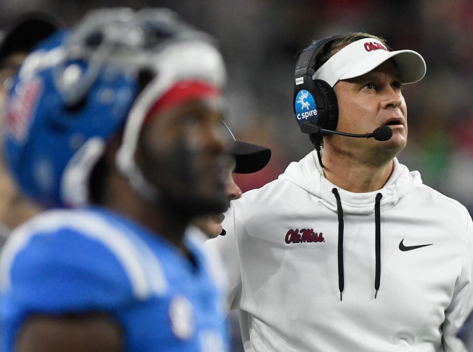 Mississippi's head coach Lane Kiffin stares at the scoreboard during the Texas Bowl game against Texas Tech, Wednesday, Dec. 28, 2022, at NRG Stadium in Houston.