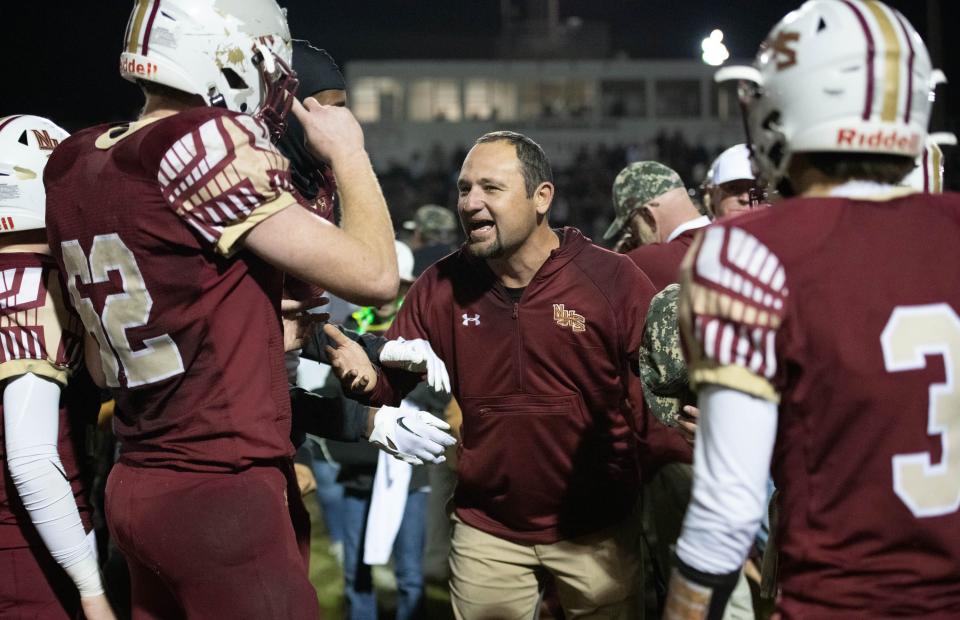 Chiefs head coach Wesley Summerford celebrates their 21-11 victory in the Union County vs Northview Class 1-1R State Semifinal playoff football game at Northview High School in Bratt, Florida on Friday, Dec. 2, 2022.