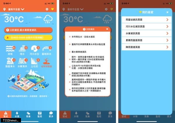 新版臺南水情即時通App水情資訊皆經過視覺化設計，操作介面及資訊呈現方式也更簡單直覺，任何人都能輕鬆上手。（記者李嘉祥攝）