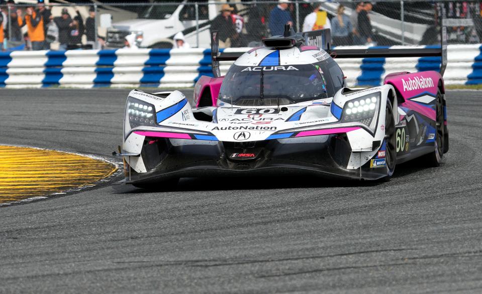 The NO. 60 Meyer Shank Racing Acura  ARX-06 runs through the infield during the Rolex 24 at Daytona at Daytona International Speedway, Saturday, Jan. 28, 2023.