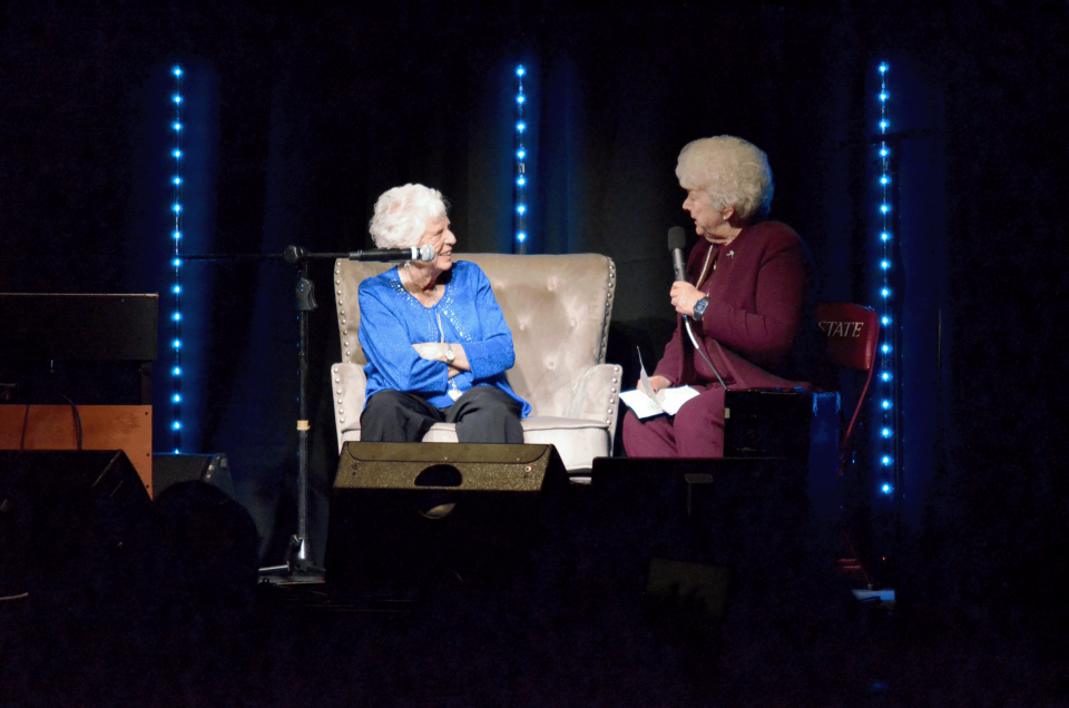 Businesswoman Wanda Bowman honors her friend Barbara "Mother" Hubbard at "95 and Very Much Alive: A Special Tribute to Barbara Hubbard" Wednesday, Oct. 19, 2022 at the Pan American Center.