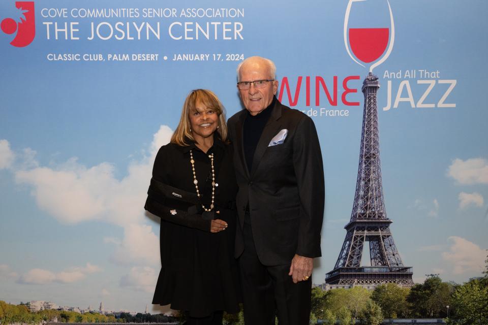 Table captains Beverly (Joslyn Center board president) and John Fitzgerald attend The Joslyn Center's Wine and All That Jazz gala in Palm Desert, Calif., Jan. 17, 2024.