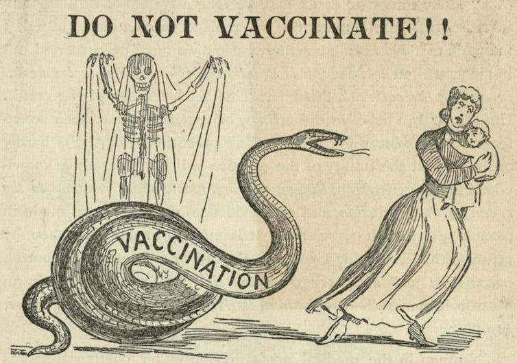 <span class="caption">Cartoon from an anti-vaccination publication, titled ‘Do not vaccinate!’, 1892.</span> <span class="attribution"><a class="link " href="https://museumandarchives.redcross.org.uk/objects/46927" rel="nofollow noopener" target="_blank" data-ylk="slk:The Historical Medical Library of The College of Physicians of Philadelphia;elm:context_link;itc:0;sec:content-canvas">The Historical Medical Library of The College of Physicians of Philadelphia</a></span>
