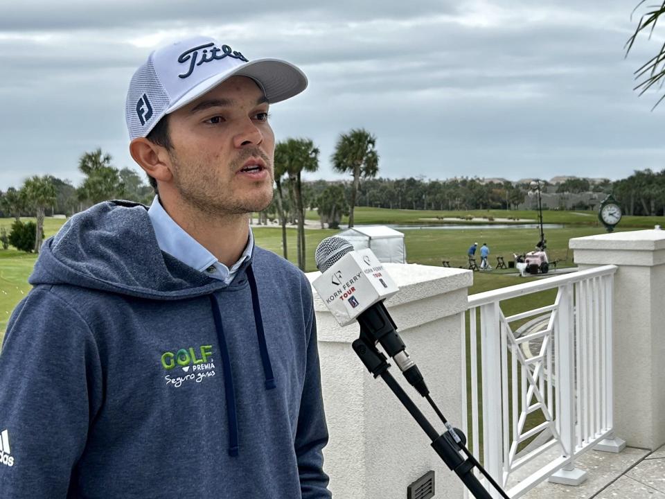 Former Jacksonville University golf Raul Pereda meets with the media following his round of 66 on Saturday at the Sawgrass Country Club in the PGA Tour Q-School presented by Korn Ferry.