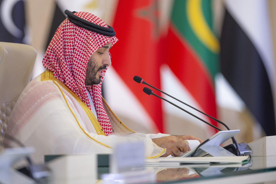 In this photo provided by Saudi Press Agency, SPA, Saudi Crown Prince Mohammed bin Salman speaks during the Arab summit in Jeddah, Saudi Arabia, Friday, May 19, 2023. (Saudi Press Agency via AP)