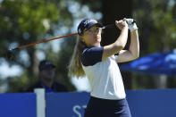 Bronte Law, of England, watches her drive on the 9th tee during the second round of the LPGA Walmart NW Arkansas Championship golf tournament, Saturday, Sept. 25, 2021, in Rogers, Ark. (AP Photo/Michael Woods)