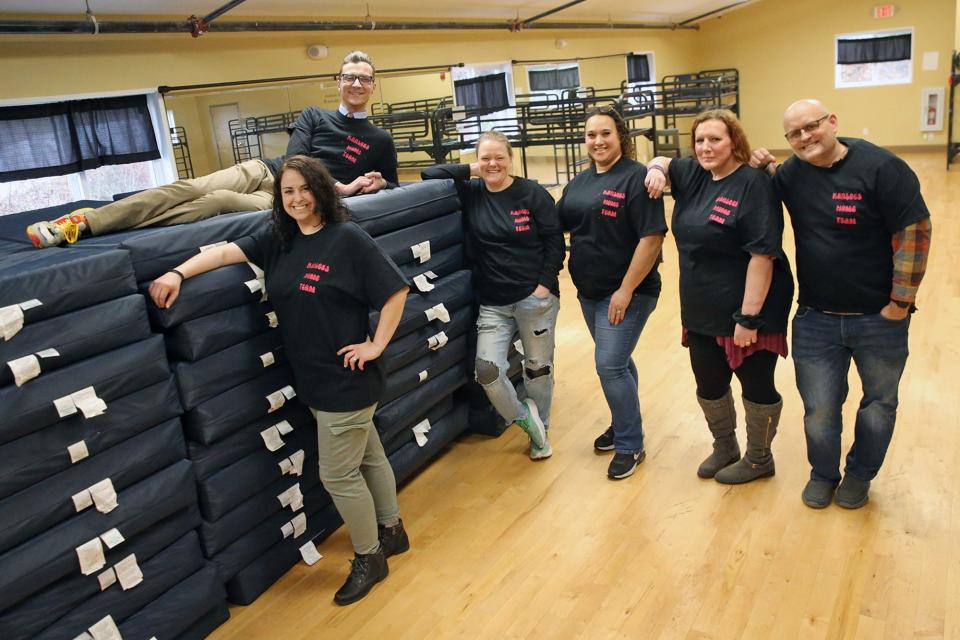 Karlee’s Home Team, with support from Infinity Peer Support, will be taking over operation of the Willand Warming Center in Somersworth for 2023-24. From left are Rachel Adams, Dillon Guyer, Amy Malone, Melena Lugo, Heather Walker-McConihe of Infinity Peer Support and Greg Hammond, seen Friday, Nov. 10, 2023.