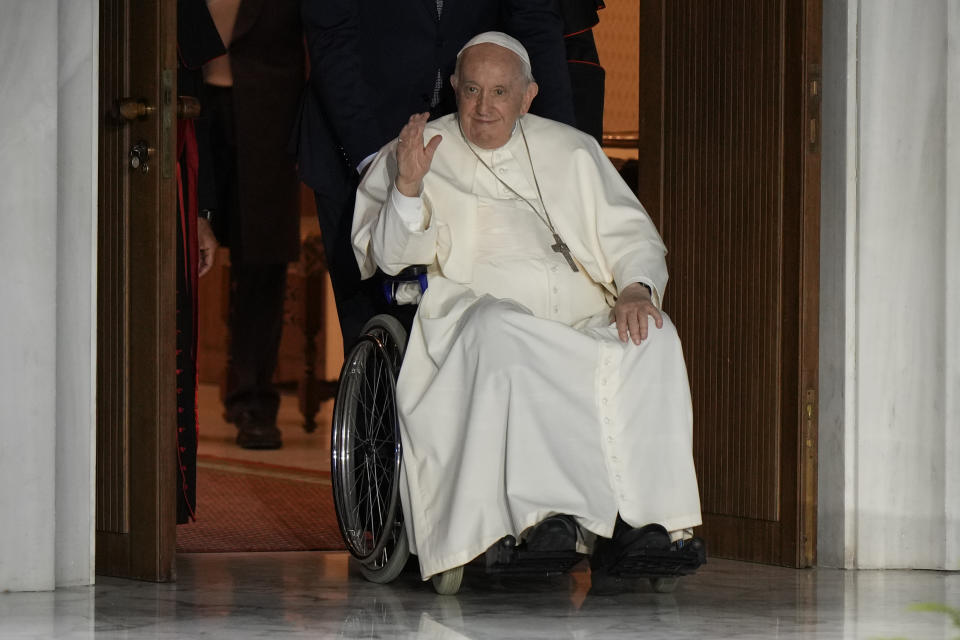 Pope Francis arrives to attend the Festival of Families in the Paul VI Hall at the Vatican, on the first day of the World Meeting of Families, Wednesday, June 22, 2022. (AP Photo/Andrew Medichini)