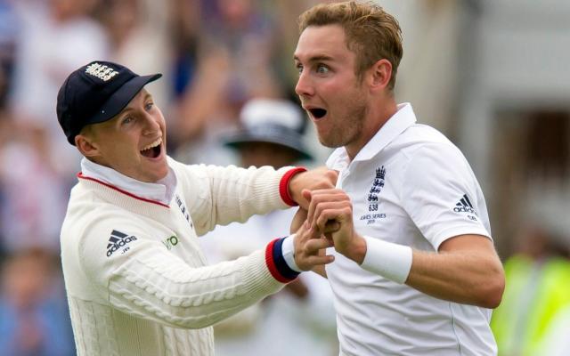 England's Stuart Broad, right, celebrates with teammate Joe Root after a catch by Ben Stokes dismisses Australia's Adam Voges - cket ground in Nottingham, England, Thursday, Aug. 6, 2015. (AP Photo/Jon Super