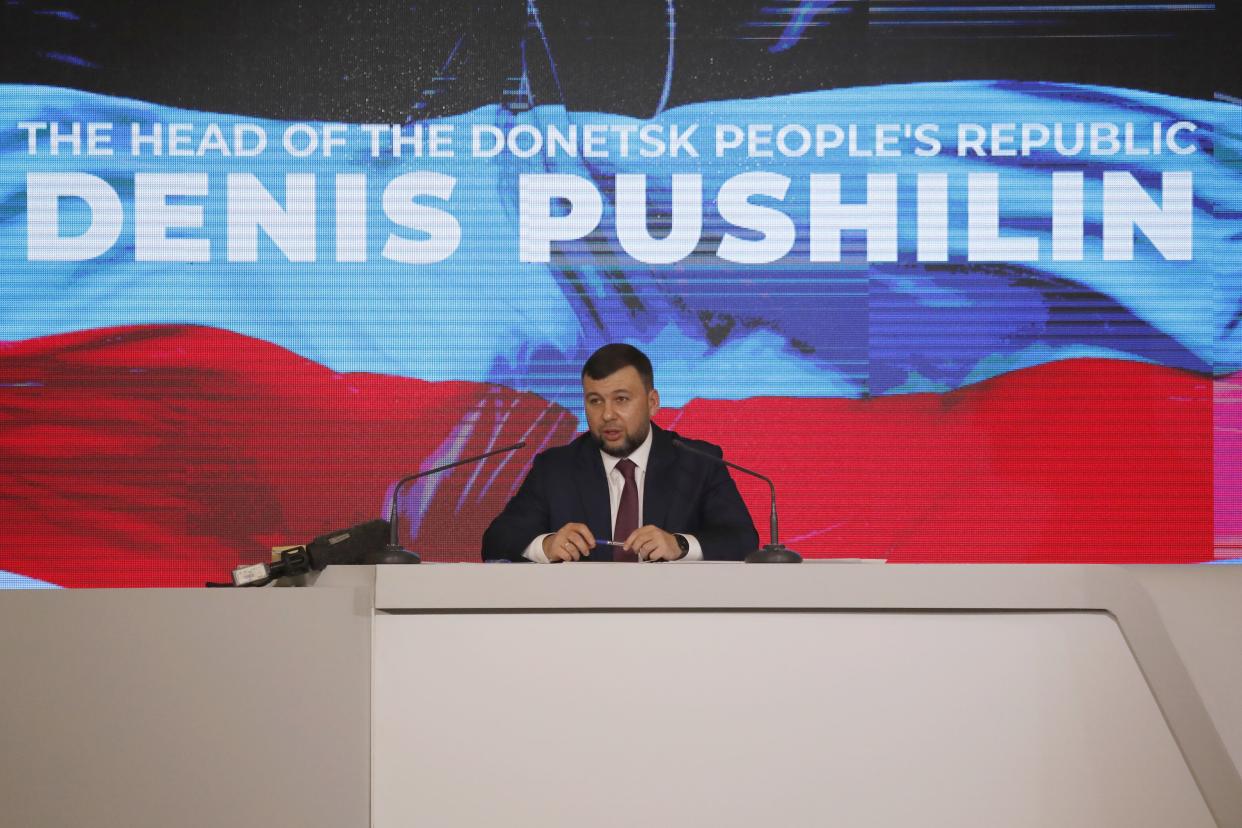 Head of self-proclaimed Donetsk People's Republic Denis Pushilin during his press-conference, in Donetsk, Ukraine, February 11, 2022.