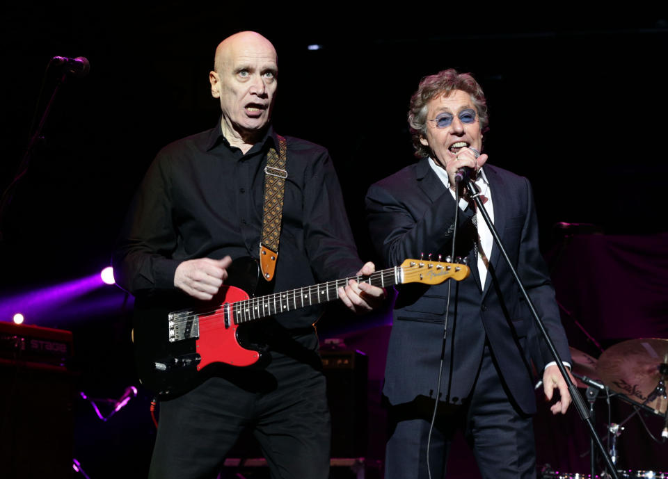 Roger Daltrey (right) and Wilko Johnson performing on stage during the Teenage Cancer Trust series of charity gigs, at the Royal Albert Hall, in London.   (Photo by Yui Mok/PA Images via Getty Images)