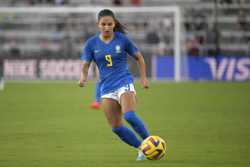 Brazil forward Debinha passes the ball during the second half of a SheBelieves Cup women's soccer match against Japan, Thursday, Feb. 16, 2023, in Orlando, Fla. (AP Photo/Phelan M. Ebenhack)