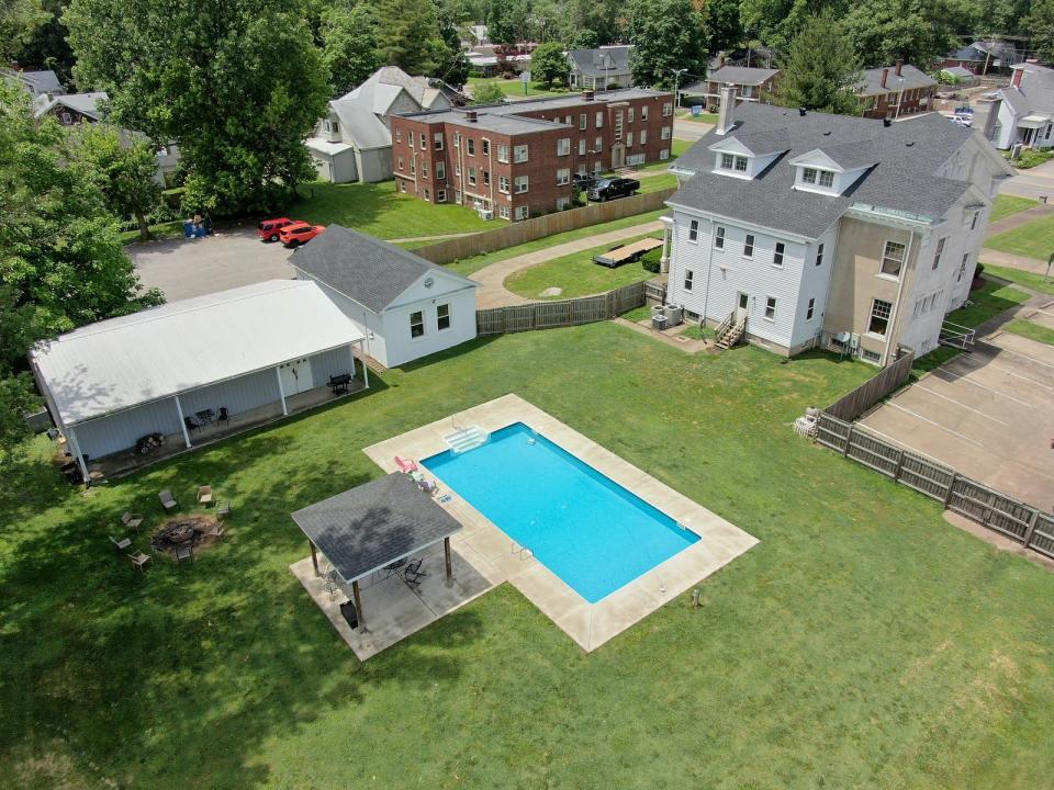 Drone shot of the backyard pool