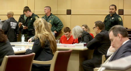 Nikolas Cruz, facing 17 charges of premeditated murder in the mass shooting at Marjory Stoneman Douglas High School in Parkland, appears in court for a status hearing before Broward Circuit Judge Elizabeth Scherer in Fort Lauderdale, Florida, U.S. February 19, 2018. REUTERS/Mike Stocker/Pool