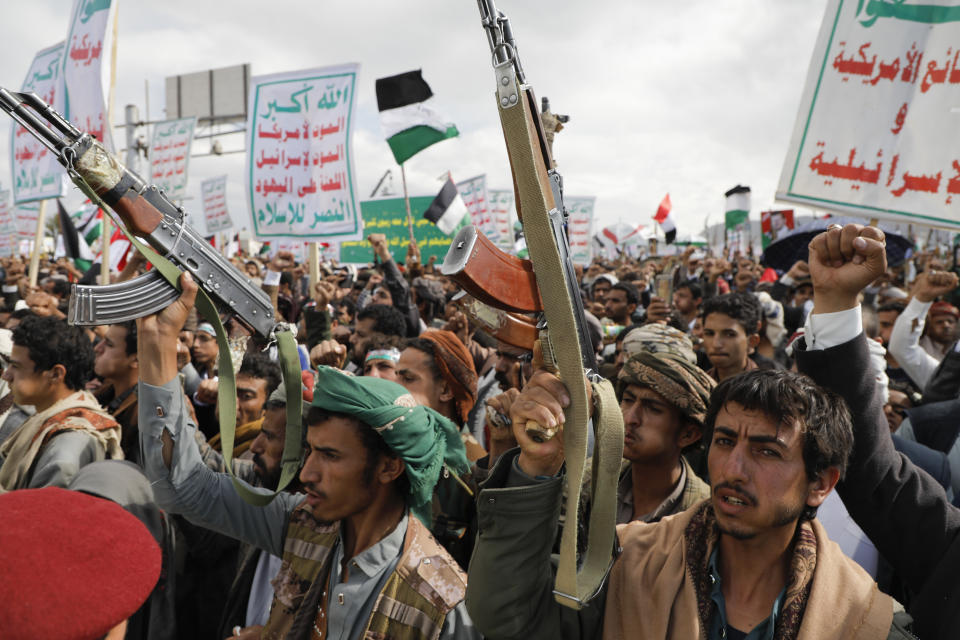 Houthi supporters attend a rally against the U.S. airstrikes on Yemen and the Israeli offensive against the Palestinians in Gaza SAtrip, in Sanaa, Yemen, Friday, March 8, 2024. (AP Photo/Osamah Abdulrahman)