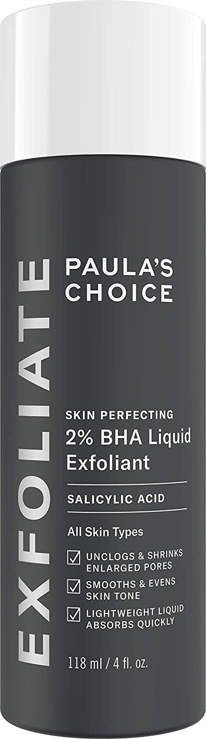 A black bottle with white lid and white lettering of Paula's Choice Skin Perfecting 2% BHA Liquid Salicylic Acid Exfoliant, $32