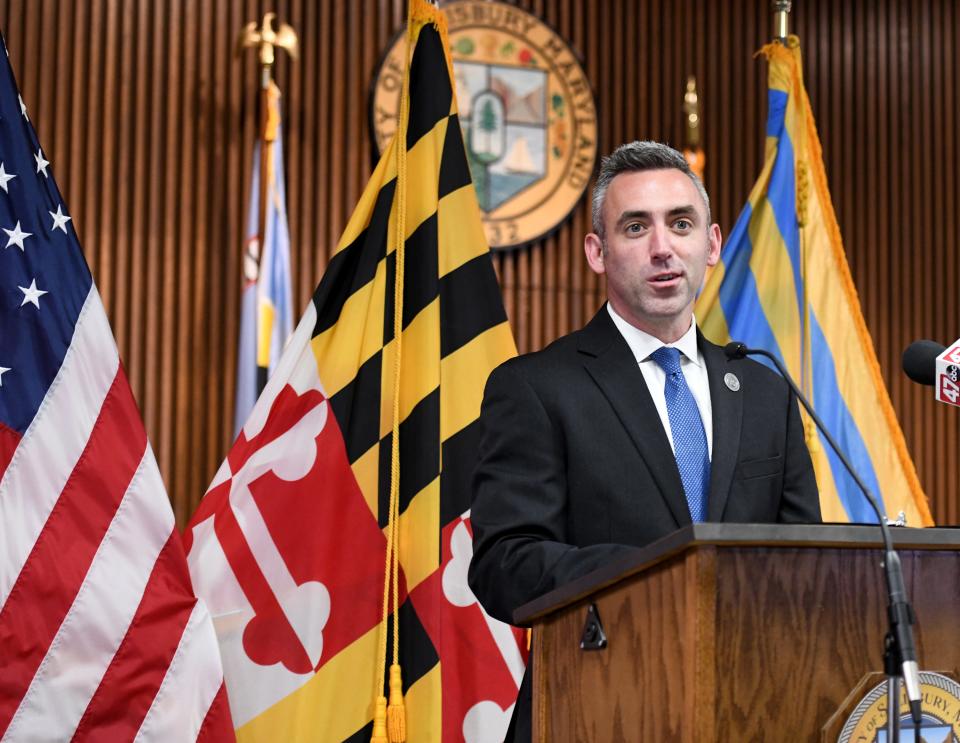 Jake Day announces his resignation as Salisbury Mayor Tuesday, Jan. 17, 2023, at the City of Salisbury Council Chambers in Salisbury, Maryland. Day was appointed as Maryland's next Secretary of Housing and Community Development.