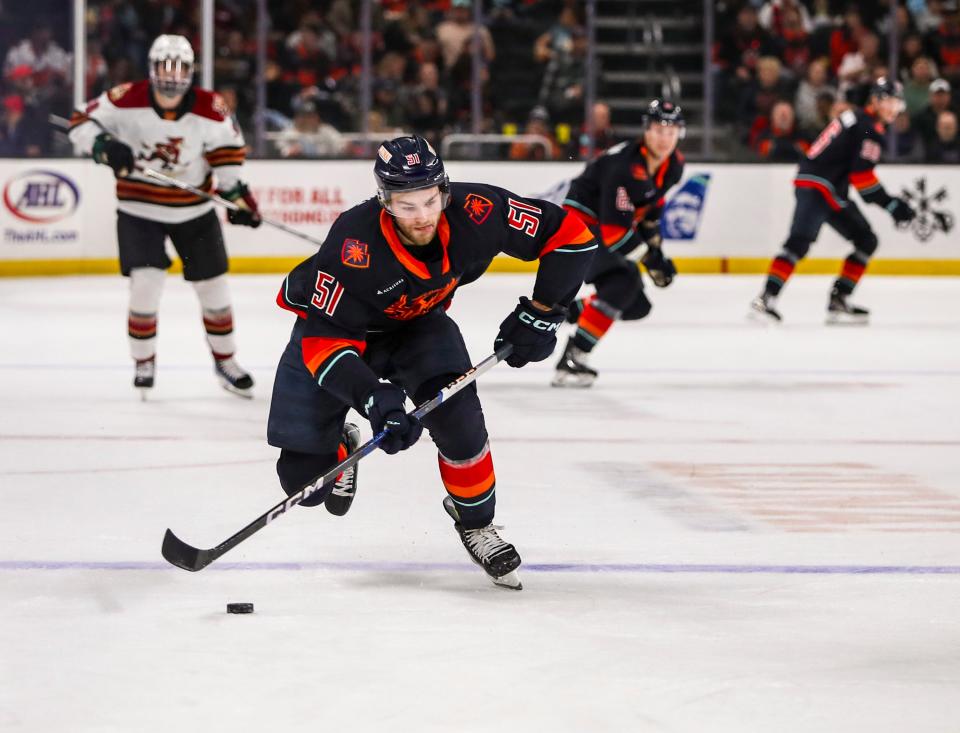 Coachella Valley forward Shane Wright (51) chases after the puck during the first period of their game at Acrisure Arena in Palm Desert, Calif., Wednesday, April 17, 2024.