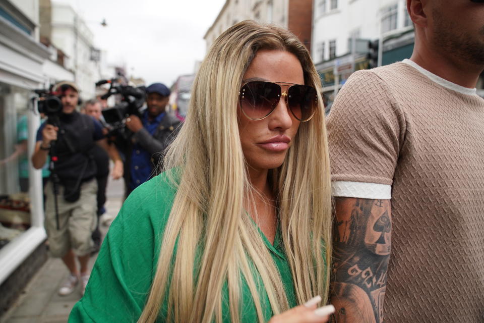 Katie Price leaves Lewes Crown Court, East Sussex, where she was sentenced to an 18-month community order with 150 hours of community service with an additional 20 hours for breach of a suspended sentence for driving matters. She was also ordered to pay &#xa3;1,500 court costs.for breaching a restraining order. The 44-year-old former glamour model plead guilty to sending abusive messages to ex-husband Kieran Hayler about his new partner Michelle Penticost on January 21 this year. Picture date: Friday June 24, 2022. (Photo by Gareth Fuller/PA Images via Getty Images)