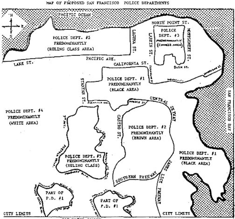 The Black Panthers’ proposed police districts for the city of San Francisco, created in 1966 or 1967. <a href="https://www.foundsf.org/images/b/bf/Panthpol.jpg" rel="nofollow noopener" target="_blank" data-ylk="slk:Ccarolson/FoundSF;elm:context_link;itc:0;sec:content-canvas" class="link ">Ccarolson/FoundSF</a>, <a href="http://creativecommons.org/licenses/by-sa/4.0/" rel="nofollow noopener" target="_blank" data-ylk="slk:CC BY-SA;elm:context_link;itc:0;sec:content-canvas" class="link ">CC BY-SA</a>