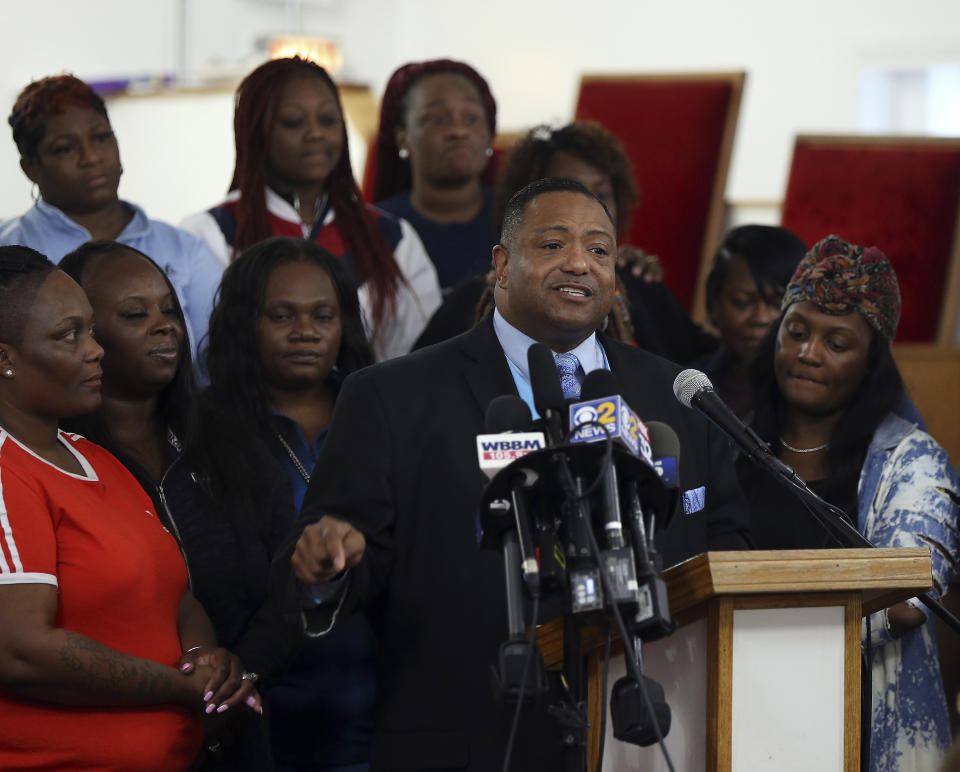 The Rev. Marvin Hunter, Laquan McDonald's uncle, speaks to the media at a church in Chicago after guilty verdicts were delivered in the murder trial of Chicago Police Officer Jason Van Dyke on Friday, Oct. 5, 2018. Hunter thanked prosecutors for the second-degree murder conviction of Van Dyke. (Terrence Antonio James/Chicago Tribune via AP)