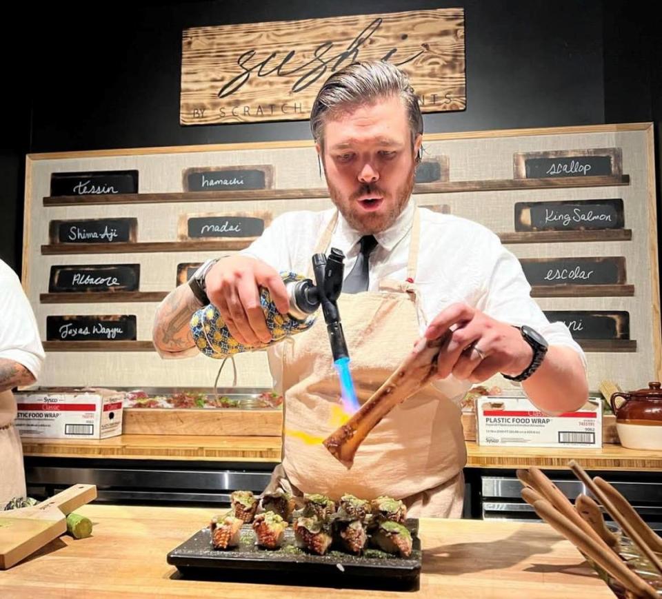 Chef Phillip Frankland Lee, whose Sushi by Scratch brand opened in Coconut Grove last year, melts bone marrow onto Japanese eel.