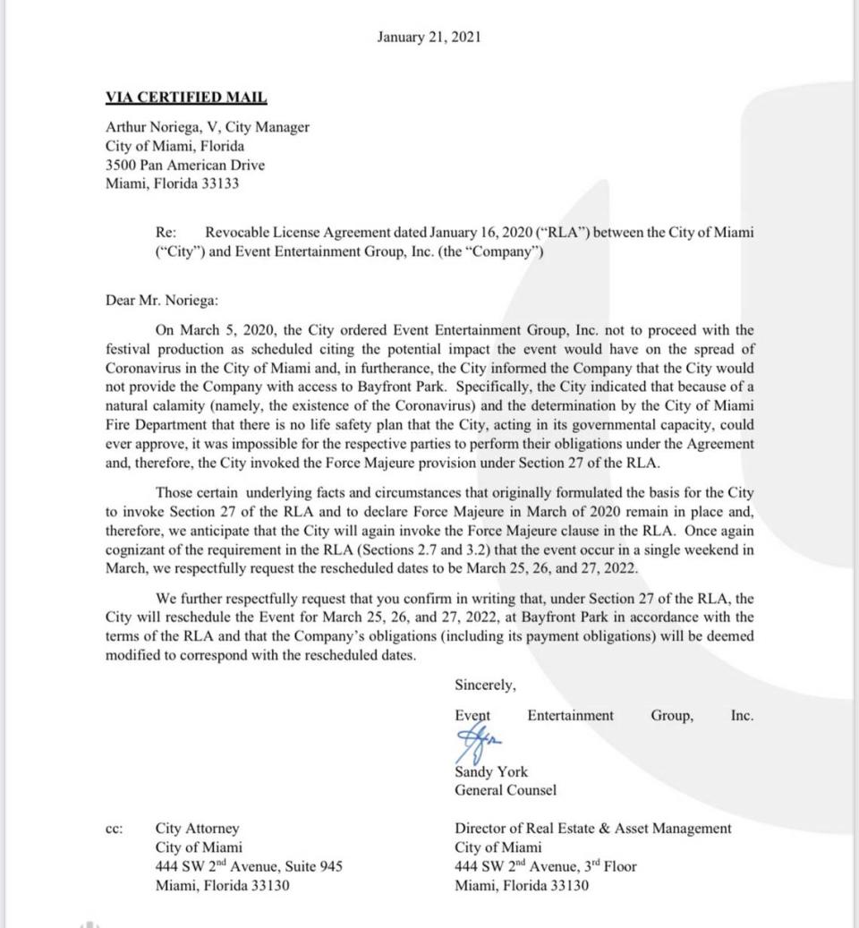 Ultra Music Festival’s general counsel Sandy York’s Jan. 21, 2021 letter to Miami city manager Arthur Noriega asking that the city reschedule Ultra to March 25, 26 and 27, 2022.