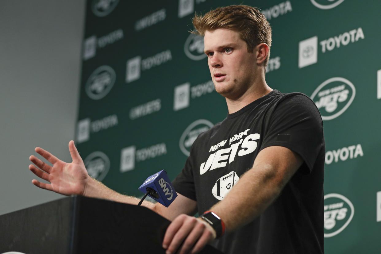 New York Jets quarterback Sam Darnold responds to questions during a news conference at the team's NFL football training facility Wednesday, Aug. 21, 2019, in Florham Park, N.J. (AP Photo/Frank Franklin II)