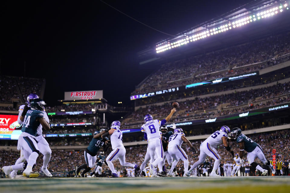 Minnesota Vikings quarterback Kirk Cousins (8) throws a pass during the second half of an NFL football game against the Philadelphia Eagles, Monday, Sept. 19, 2022, in Philadelphia. (AP Photo/Matt Slocum)