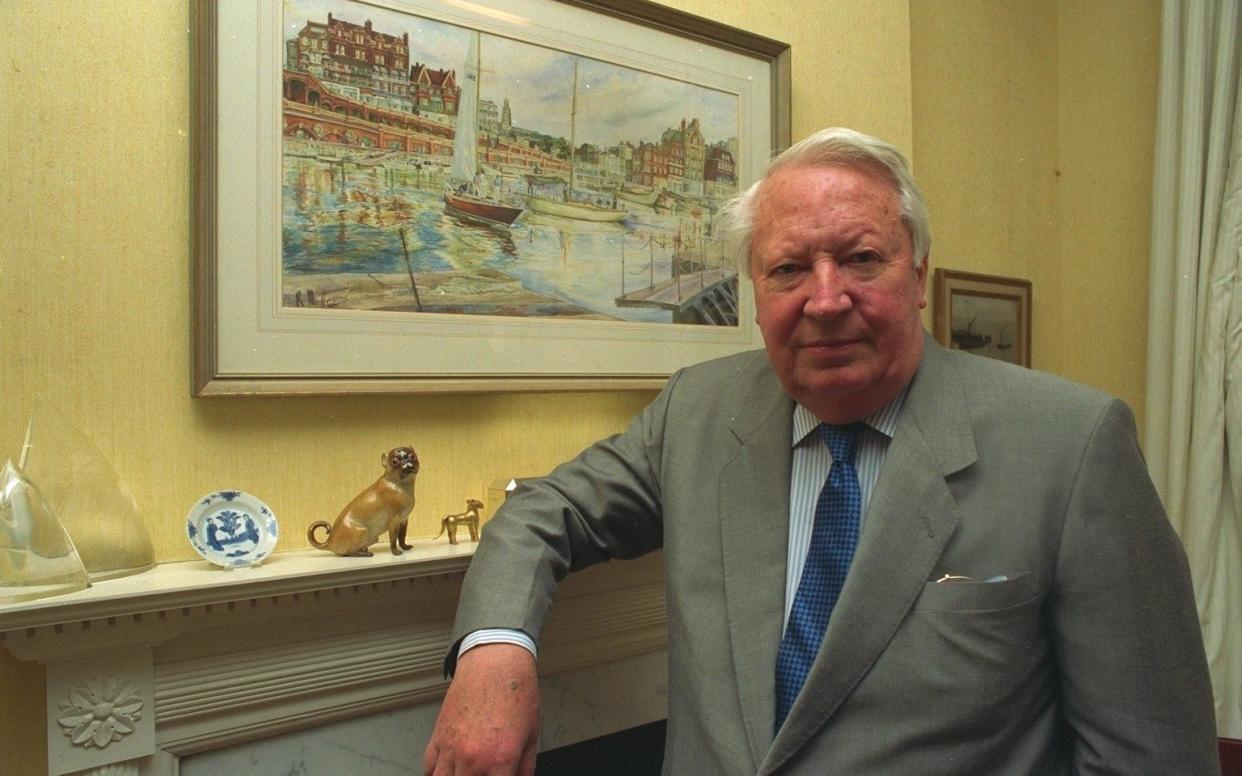 Edward Heath who was instrumental in the release of Douglas Brand,the Briton jailed in Baghdad on spying charges speaking at his London home