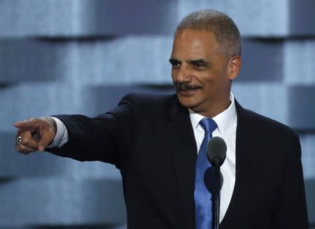 Former U.S. Attorney General Eric Holder speaks during the second day at the Democratic National Convention in Philadelphia, Pennsylvania, U.S. July 26, 2016. REUTERS/Mike Segar