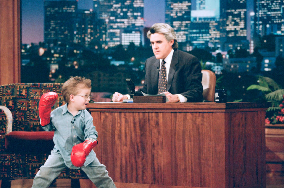 THE TONIGHT SHOW WITH JAY LENO -- Episode 1095 -- Pictured: (l-r) Actor Jonathan Lipnicki during an interview with host Jay Leno on February 24, 1997 -- (Photo by: Margaret Norton/NBCU Photo Bank/NBCUniversal via Getty Images via Getty Images)