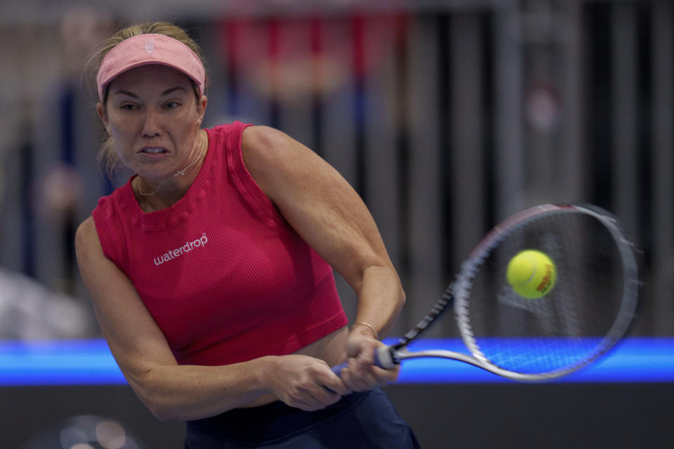 US Danielle Collins returns the ball against Czech Republic's Katerina Siniakova during their group stage tennis match at the Billie Jean King Cup finals at La Cartuja stadium in Seville, southern Spain, Spain, Friday, Nov. 10, 2023. (AP Photo/Manu Fernandez)