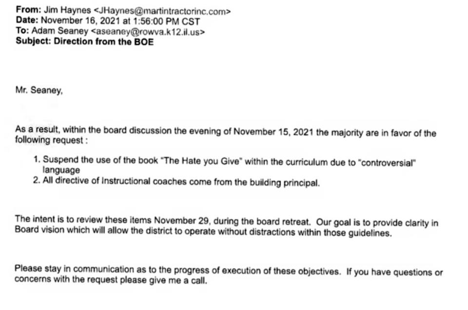 This is the email from ROWVA Board President Jim Haynes directing Principal Adam Seaney to suspend teaching of the book "The Hate U Give."