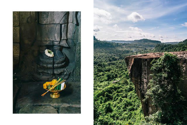 <p>Christopher Wise</p> From left: Offerings left by visitors to the Preah Khan temple at Angkor; the cliffs of Phnom Kulen.