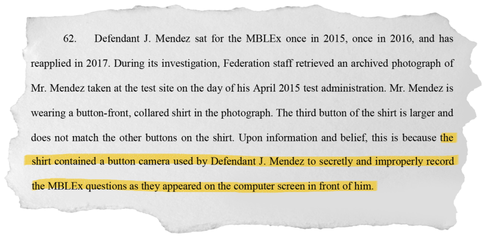 A one-stop-shop company for massage licenses was providing exam answers to clients. A man recorded the answers via a button-shaped camera, civil court records say.