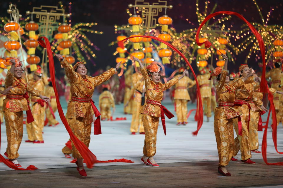 Performers from the People’s Association at a rehearsal of National Day Parade 2019, dressed in ethnic costumes performing traditional ethnic dances in Act 3, Our River. (PHOTO: NDP 2019 Exco)