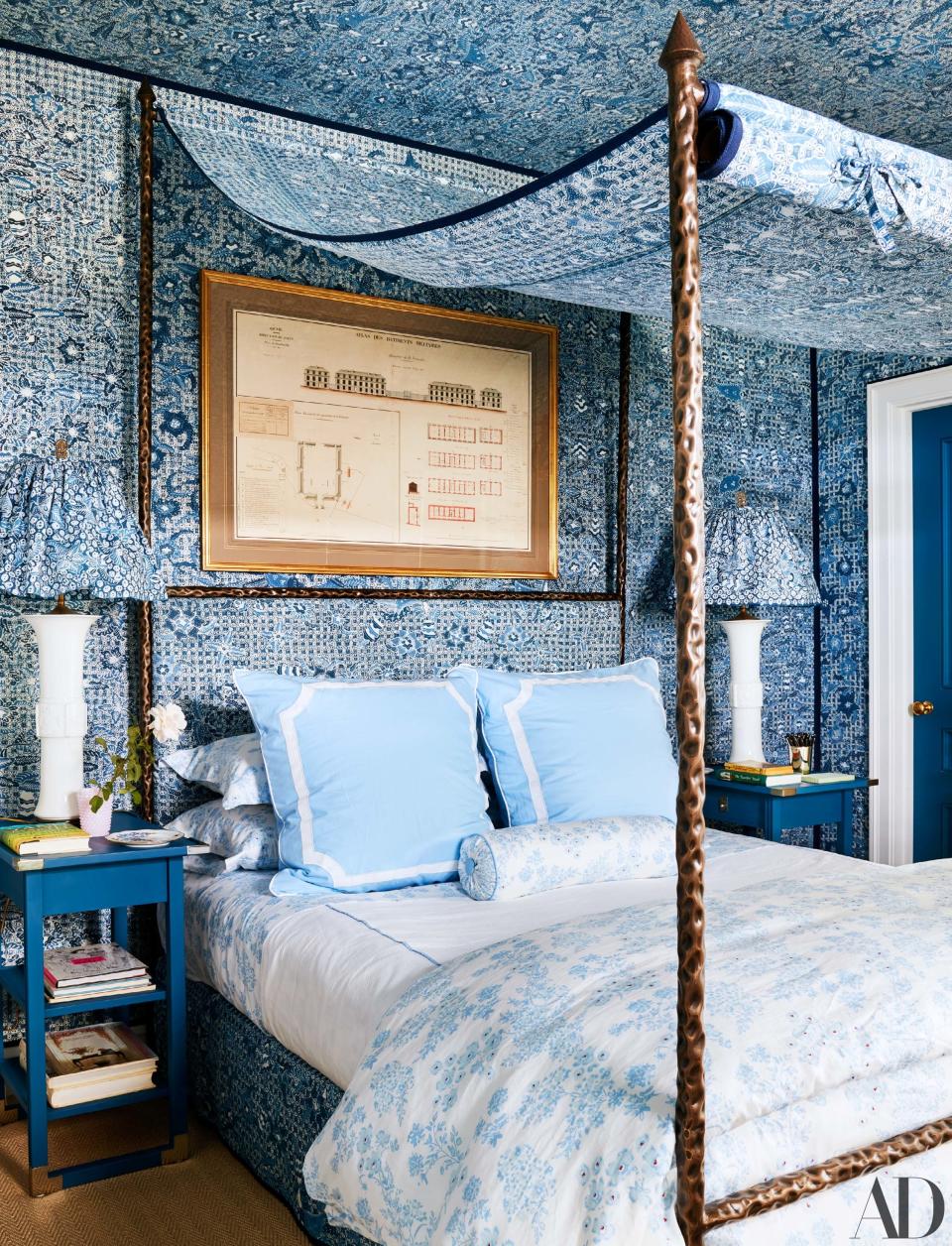The batik bedroom is covered in a weave by Piece & Co. Custom bed by Morgik Metal; Biscuit Home bedding.