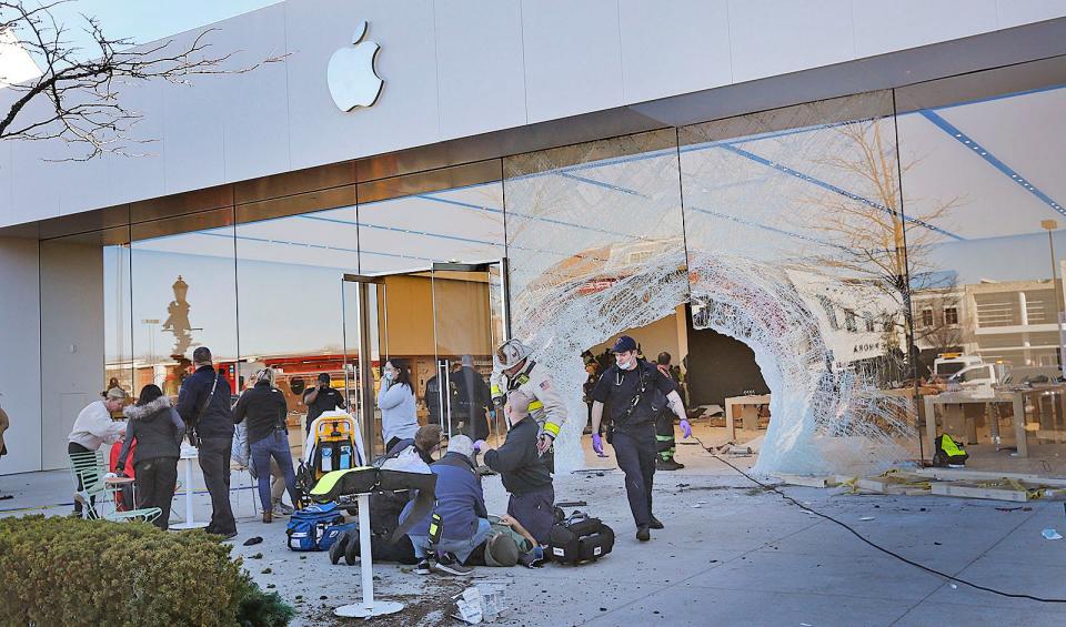 An SUV crashed into the Apple store at Hingham's Derby Street Shops on Monday, Nov. 21, 2022.