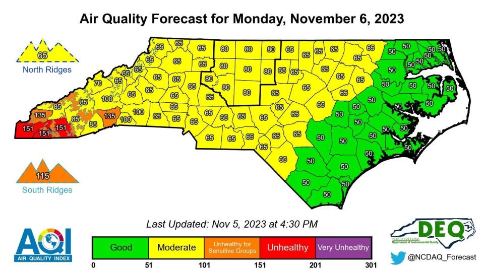 The North Carolina Department of Environmental Quality released an air quality map Nov. 6, showing that parts of WNC are under Code Red and Code Orange quality levels due to smoke from fires.