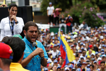 Opposition lawmaker Juan Requesens speaks during a rally against Venezuela's President Nicolas Maduro in Caracas, Venezuela May 1, 2017. REUTERS/Carlos Garcia Rawlins