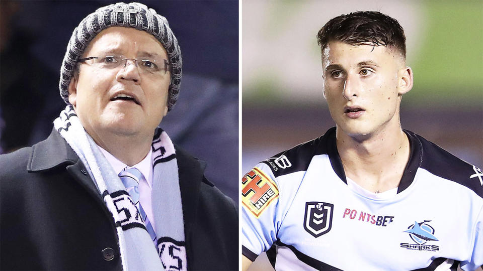 Australian Prime Minister Scott Morrison (pictured left) at a Sharks game and Bronson Xerri (pictured right) playing in the NRL.