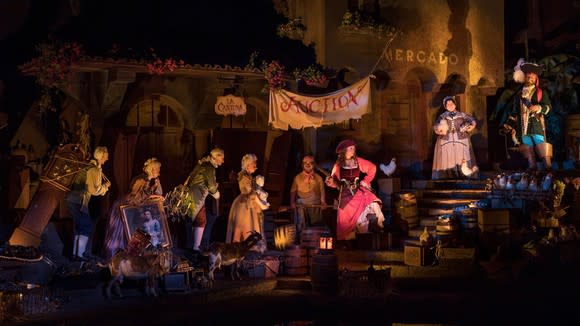 Disney's updated Pirates of the Caribbean scene, with Redd now a pirate putting her pillaged rum up for sale