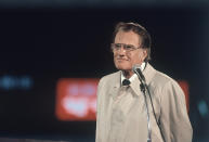 <p>Billy Graham in Tokyo on a six-city tour of Japan in which he delivered the Christian message. He spoke to a capacity crowd of 43,000 at Korakuen Stadium in October 1980. (Photo: AP) </p>