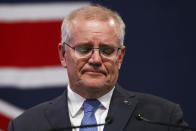 Australian Prime Minister Scott Morrison reacts during his address to a Liberal Party function in Sydney, Australia, Saturday, May 21, 2022. Morrison has conceded defeat and has confirmed that he would hand over the leadership of the Liberal Party following his party's loss to Labor in today's federal election. (AP Photo/Nazanin Tabatabaee)