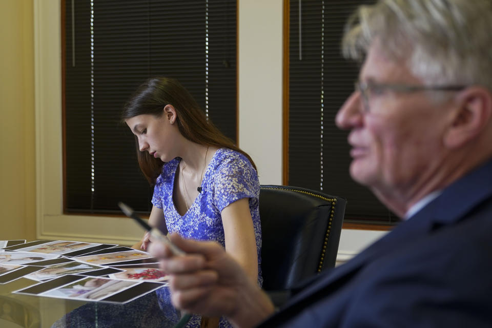 Attorney Tony Le Mon speaks, along with his client Gabrielle Jameson, a victim of sexual assault, at his law office in Covington, La., Tuesday, June 6, 2023. (AP Photo/Gerald Herbert)