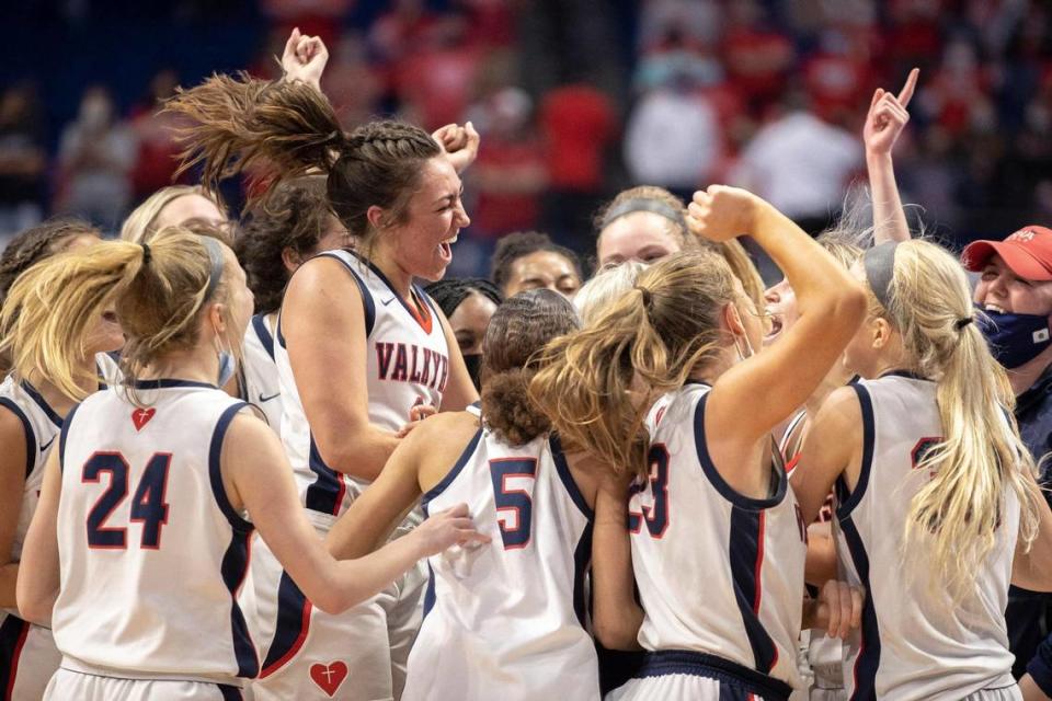 Sacred Heart players celebrated after defeating Anderson County during a semifinal game at the KHSAA Girls’ Sweet 16 in Rupp Arena on Saturday.