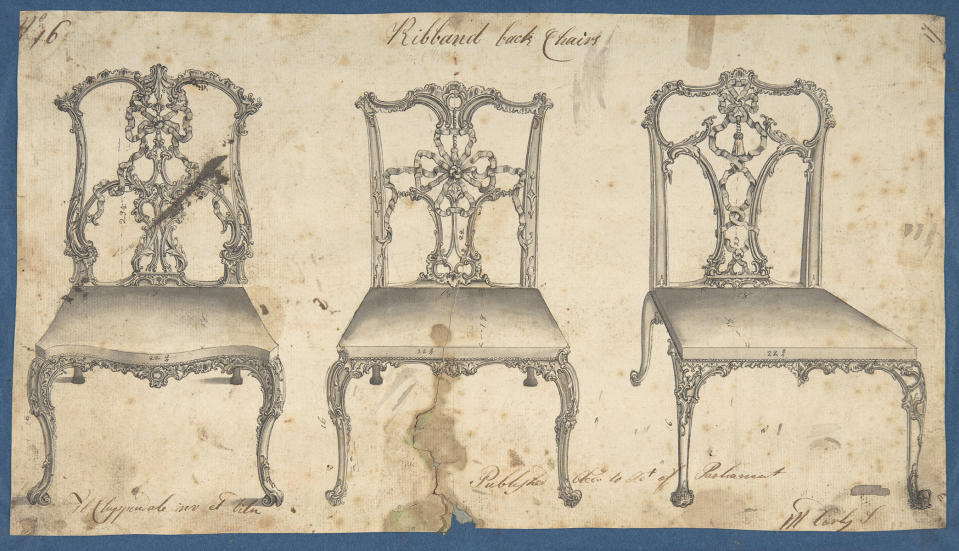 This photo provided by The Metropolitan Museum of Art shows Thomas Chippendale Ribband Back Chairs for Chippendale's Director. The book is featured in the exhibit "Chippendale's Director: The Designs and Legacy of a Furniture Maker," which runs through Jan. 27, 2019, at the museum in New York. (The Metropolitan Museum of Art via AP)