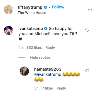 Ivanka has been slammed for her message to her newly-engaged sister. Photo: Instagram/tiffanytrump.