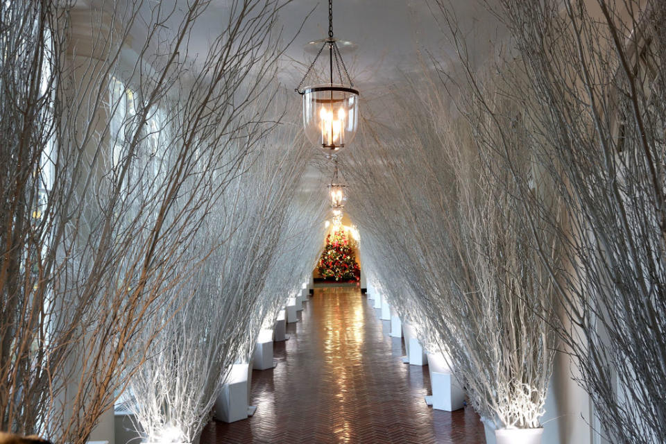 Christmas decorations in a hallway of the East Wing of the White House during a press preview of the 2017 holiday decorations November 27, 2017 in Washington, DC. (Photo by Alex Wong/Getty Images) | Alex Wong—Getty Images